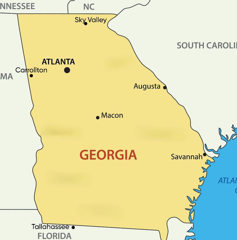 Map of Georgia marking our adjuster locations: Sky Valley, Carrollton, Atlanta, Macon, Augusta and Savannah