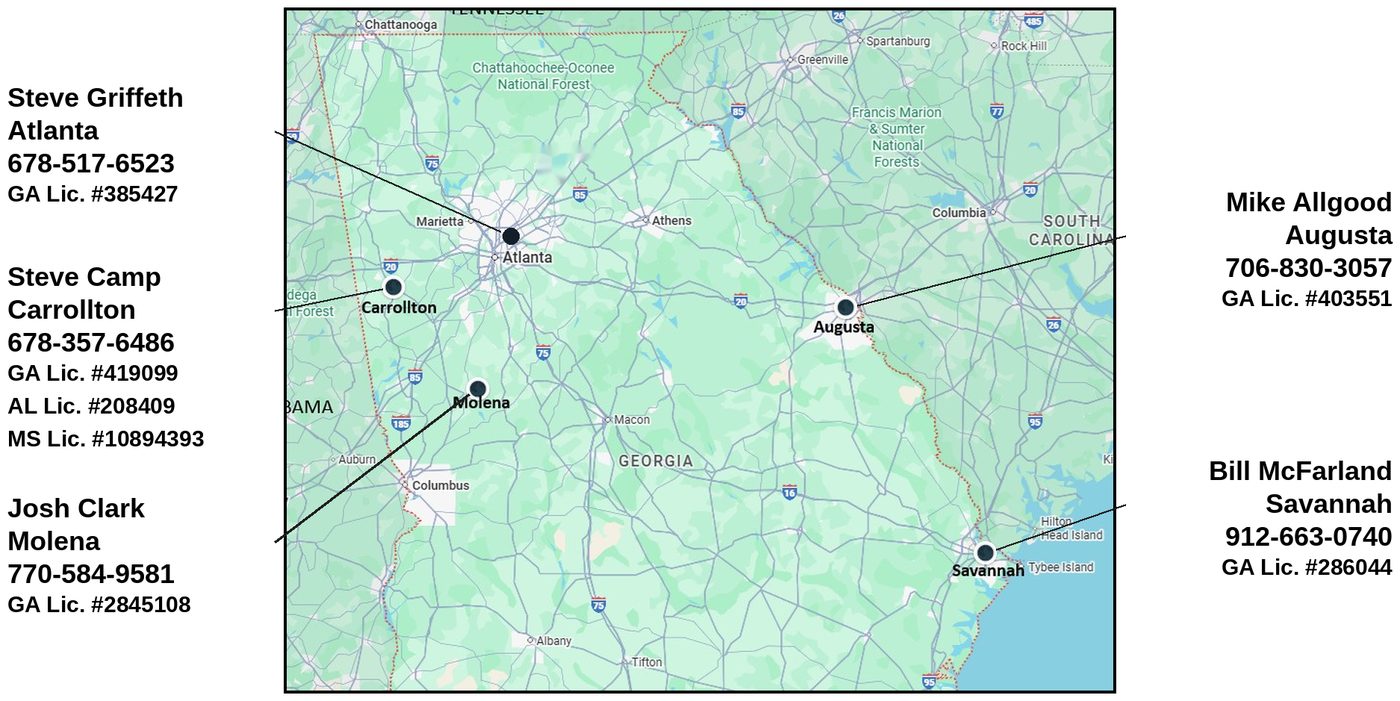 Map of Georgia showing where our liability adjusters live: Atlanta, Carrollton, the Macon area, Augusta and Savannah